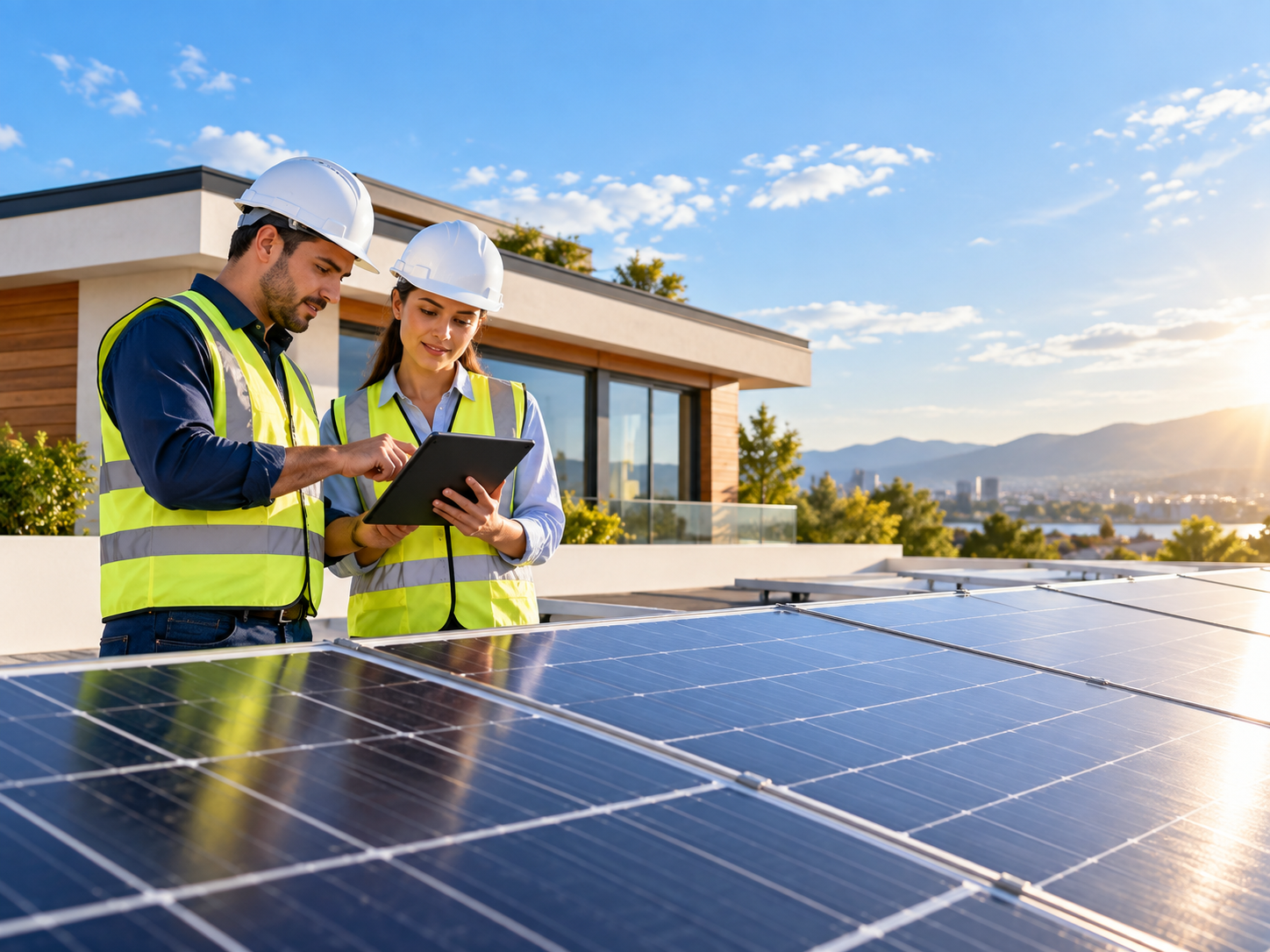 Kỹ sư SOLAR O&M đang khảo sát hệ thống điện mặt trời trên mái